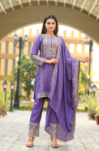 Teeya Creation Lavender Color Chinon Silk Heavy Embroidery Work Fully Stitched Salwar Suit | Grocsy