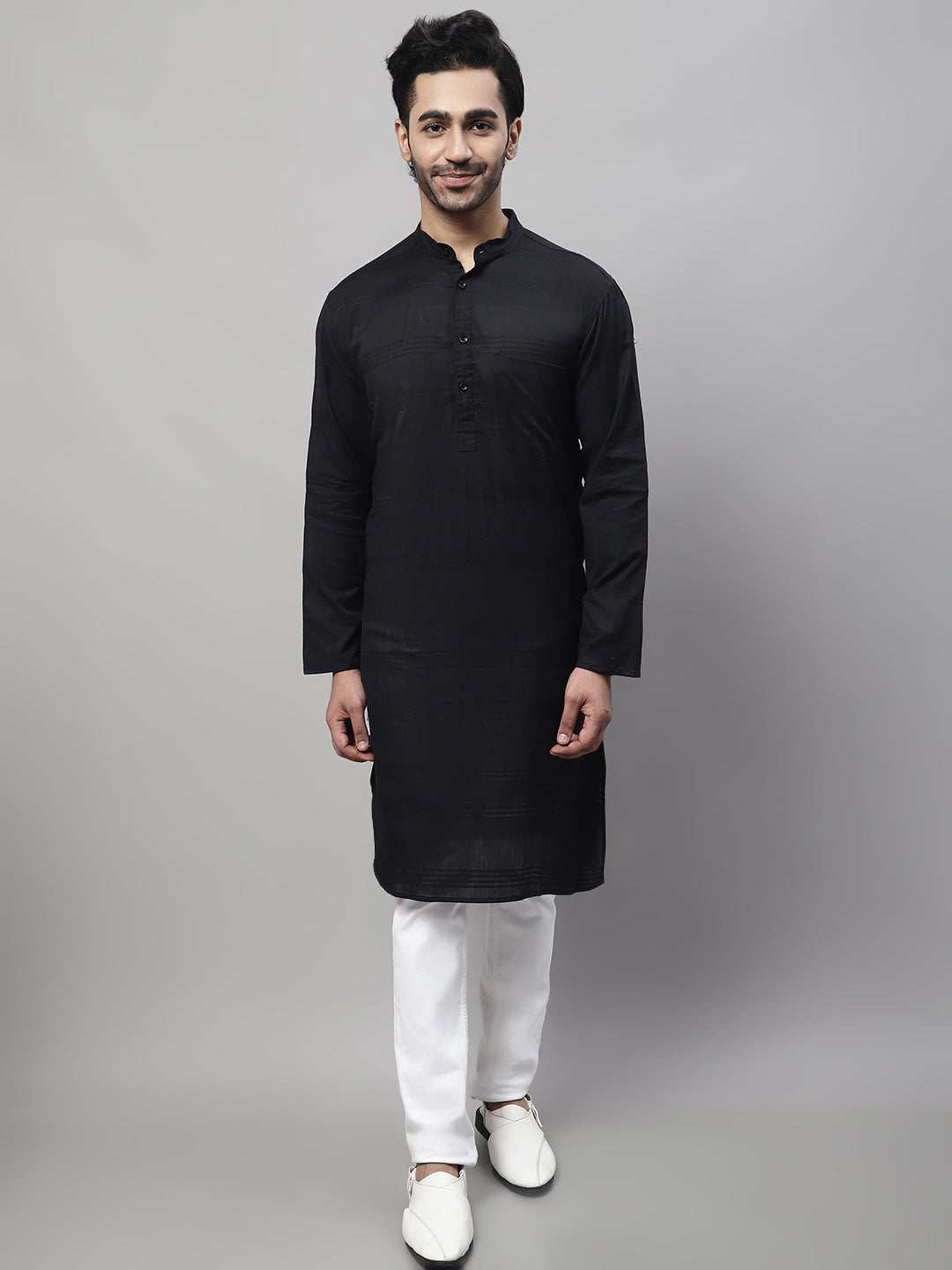 Even Apparels Black Pure Cotton Kurta With Band Collar | Grocsy