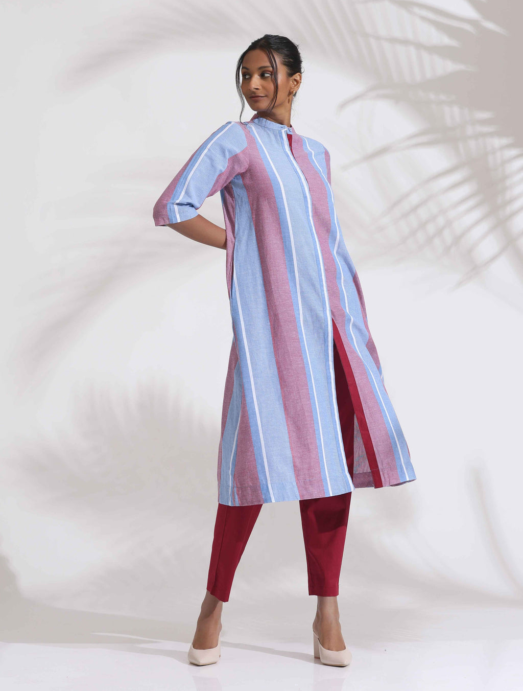trueBrowns Blue Cotton Stripe Straight Kurta Set | Grocsy