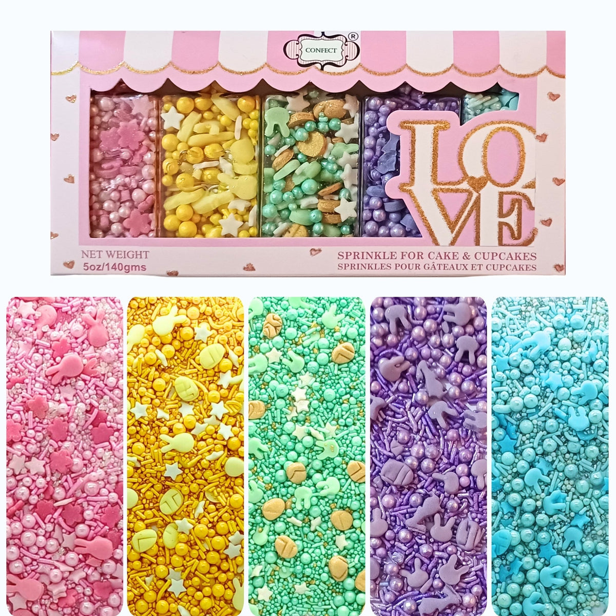 Confect Easter Sprinkles Edible | Mix Parrot Green, Pink, Sky Blue and Yellow Pearls & Stars Pack Of 5 (EAST 5) - 100Gms | Grocsy
