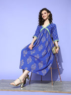 Ahalyaa Blue Floral Print Midi Empire Ethnic Dress | Grocsy