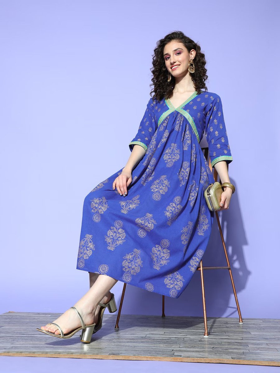 Ahalyaa Blue Floral Print Midi Empire Ethnic Dress | Grocsy