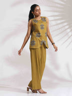 trueBrowns Green Cotton Print Top & Flared Pants Co-ord Set | Grocsy