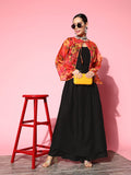 InWeave Women's Black Strappy Set With Pink Mustard Floral Short Organza Cape | Grocsy