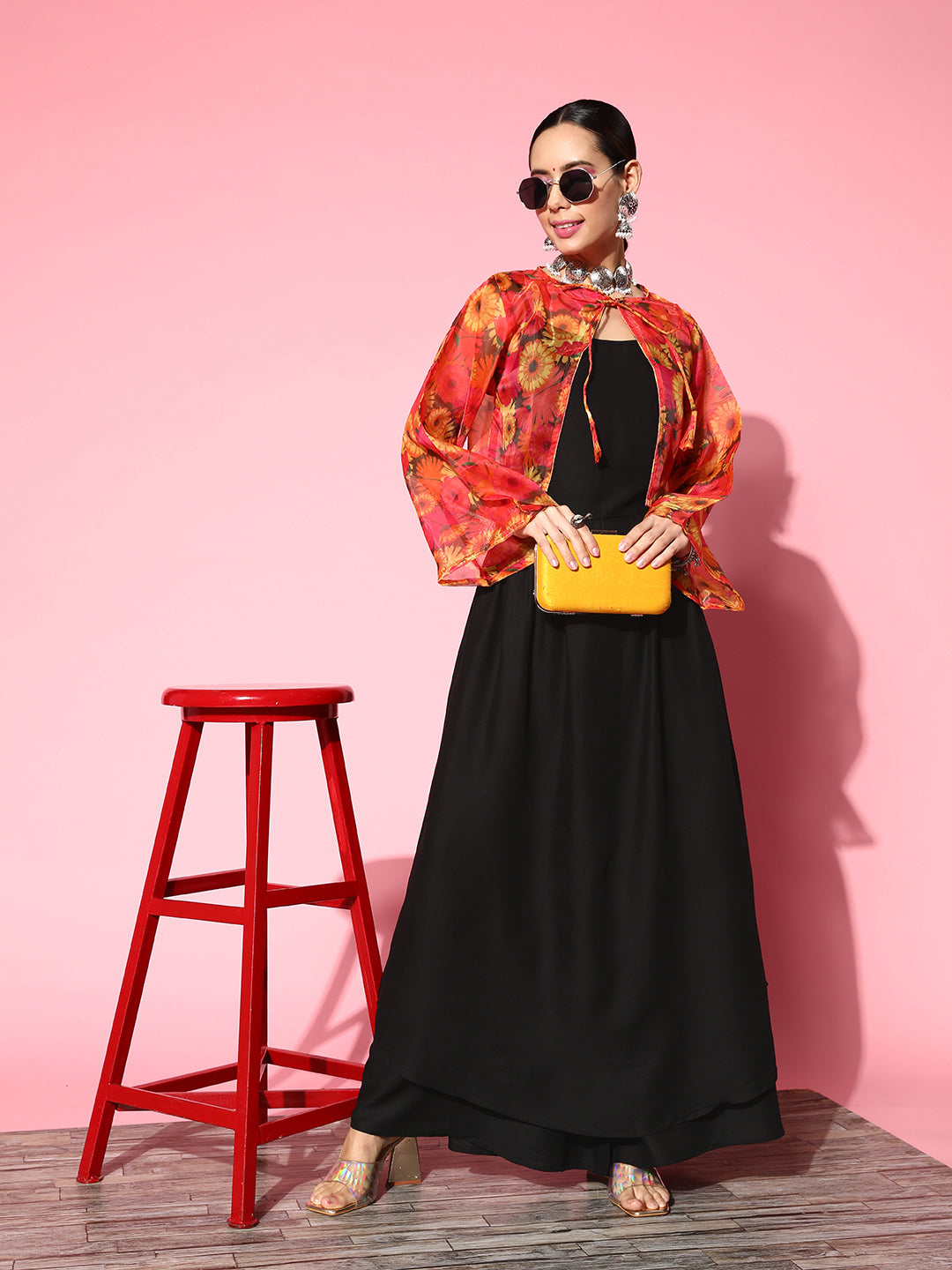 InWeave Women's Black Strappy Set With Pink Mustard Floral Short Organza Cape | Grocsy