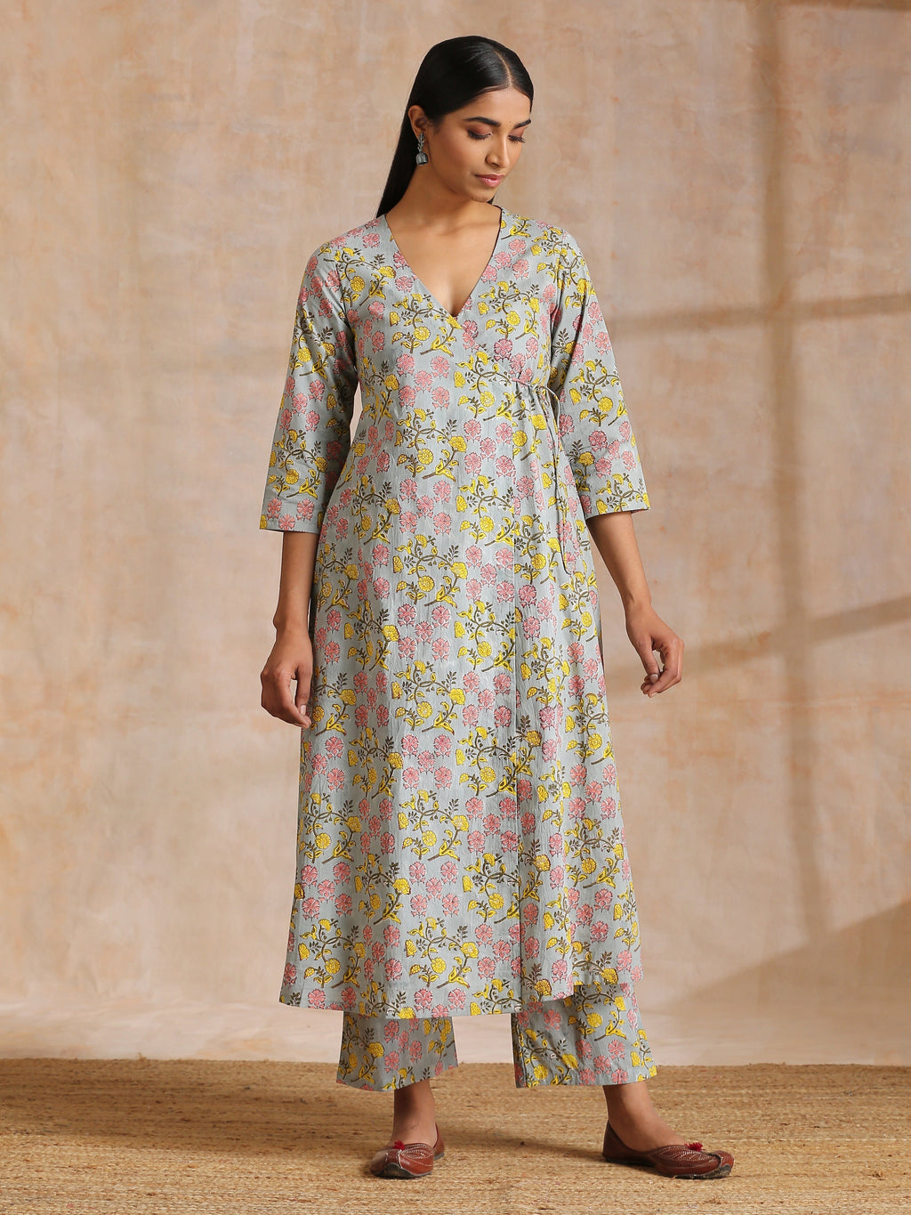 trueBrowns Grey Overall Floral Block Print Cotton Angrakha Kurta Pant Set | Grocsy