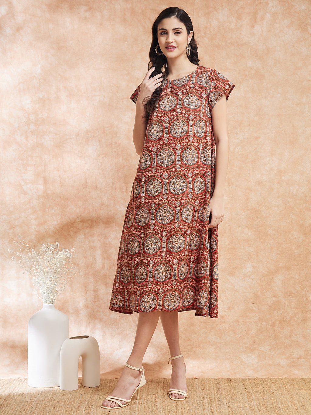 InWeave Women's Maroon Mughal Kalamkari A Line Dress | Grocsy