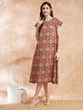 InWeave Women's Maroon Mughal Kalamkari A Line Dress | Grocsy