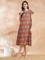 InWeave Women's Maroon Mughal Kalamkari A Line Dress | Grocsy