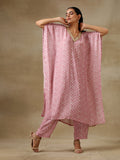 trueBrowns Light Mauve Bandhani Printed Silk Kaftan Kurta Pant Set | Grocsy