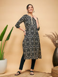 InWeave Women's Black Ikkat Print Gota Cotton Straight Kurta | Grocsy