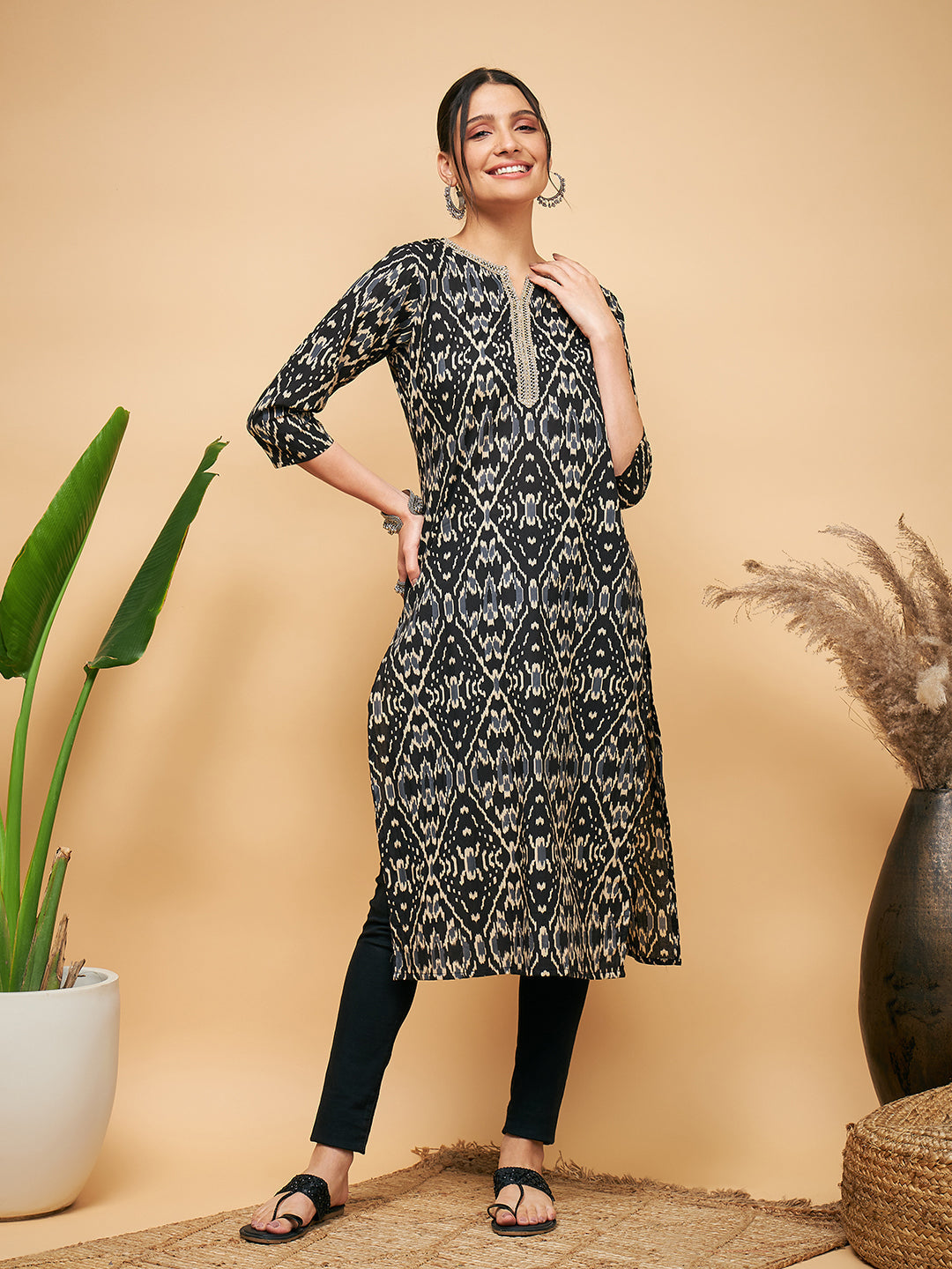 InWeave Women's Black Ikkat Print Gota Cotton Straight Kurta | Grocsy