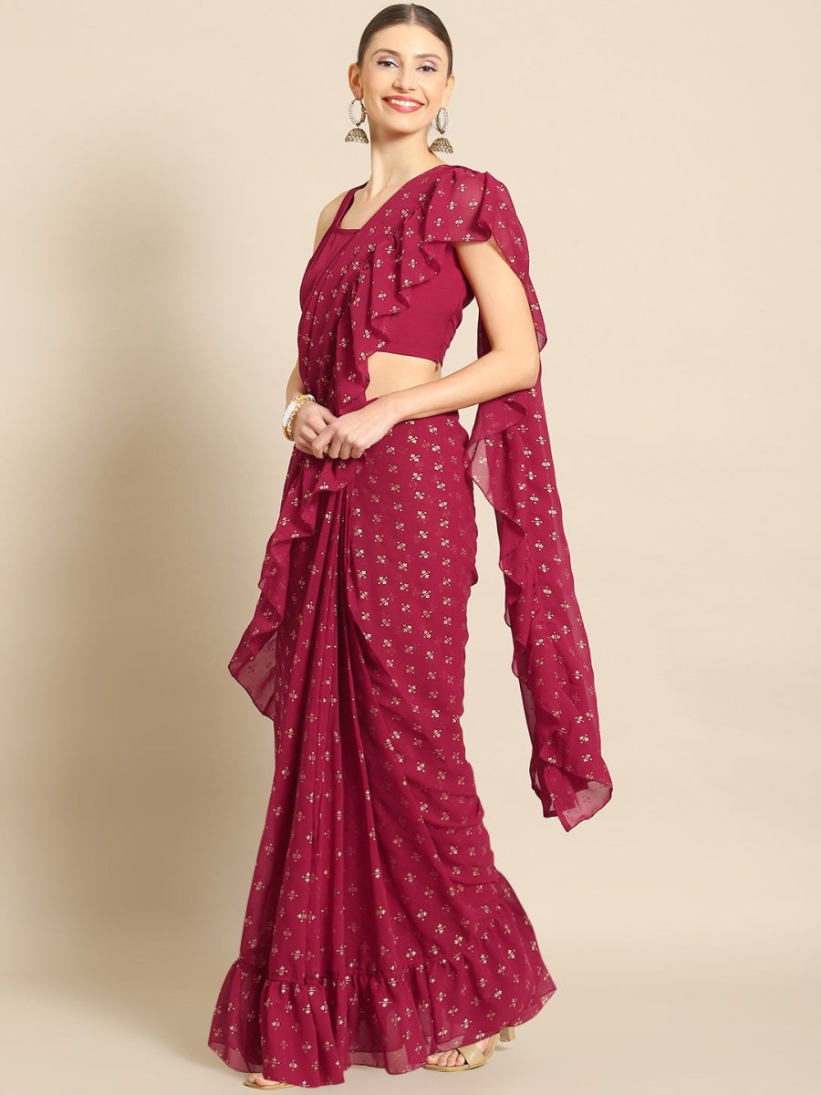 Ahalyaa Printed Ready To Wear Ruffles Saree | Grocsy