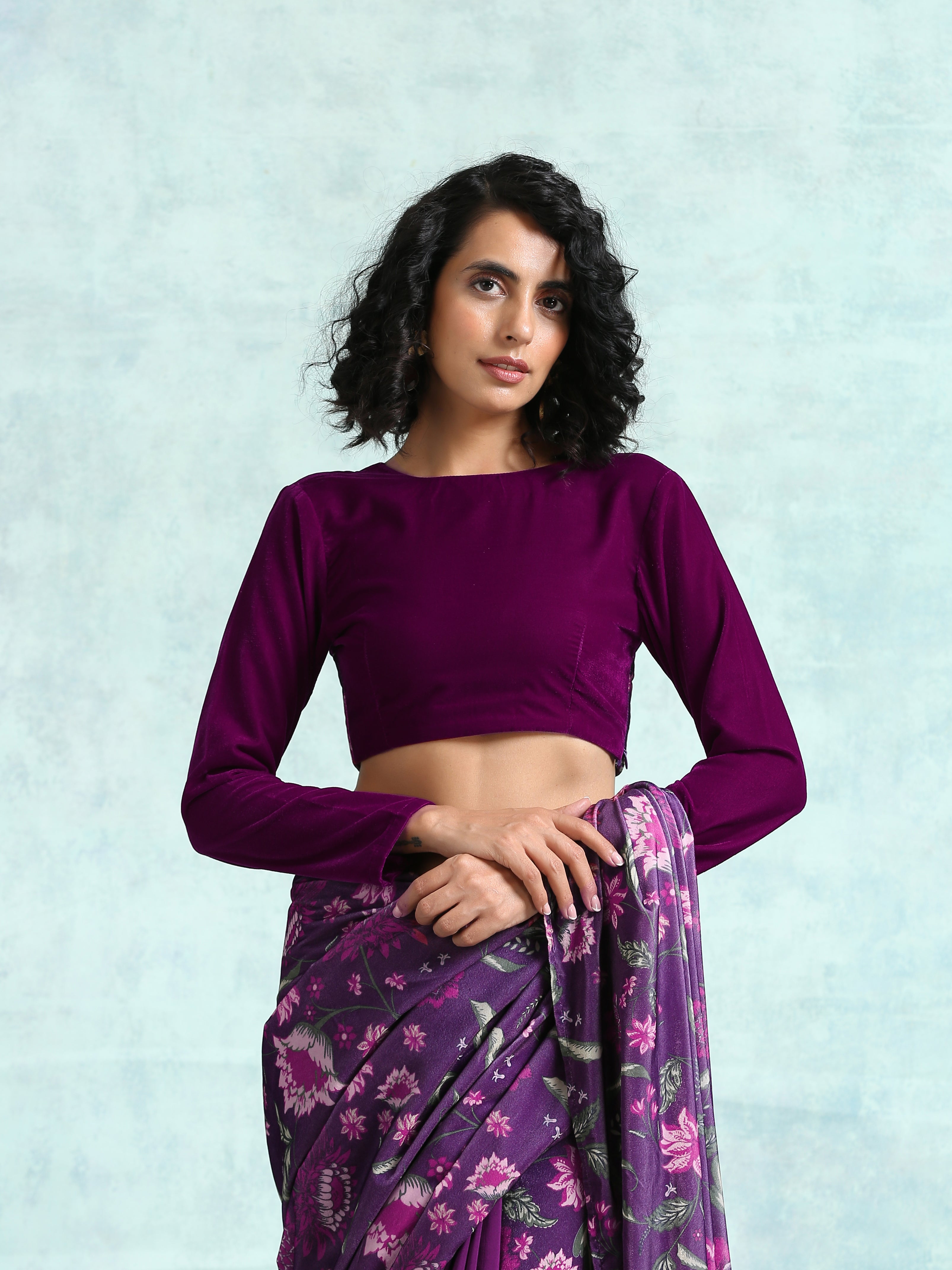 trueBrowns Wine Velvet With Print Detail Blouse | Grocsy