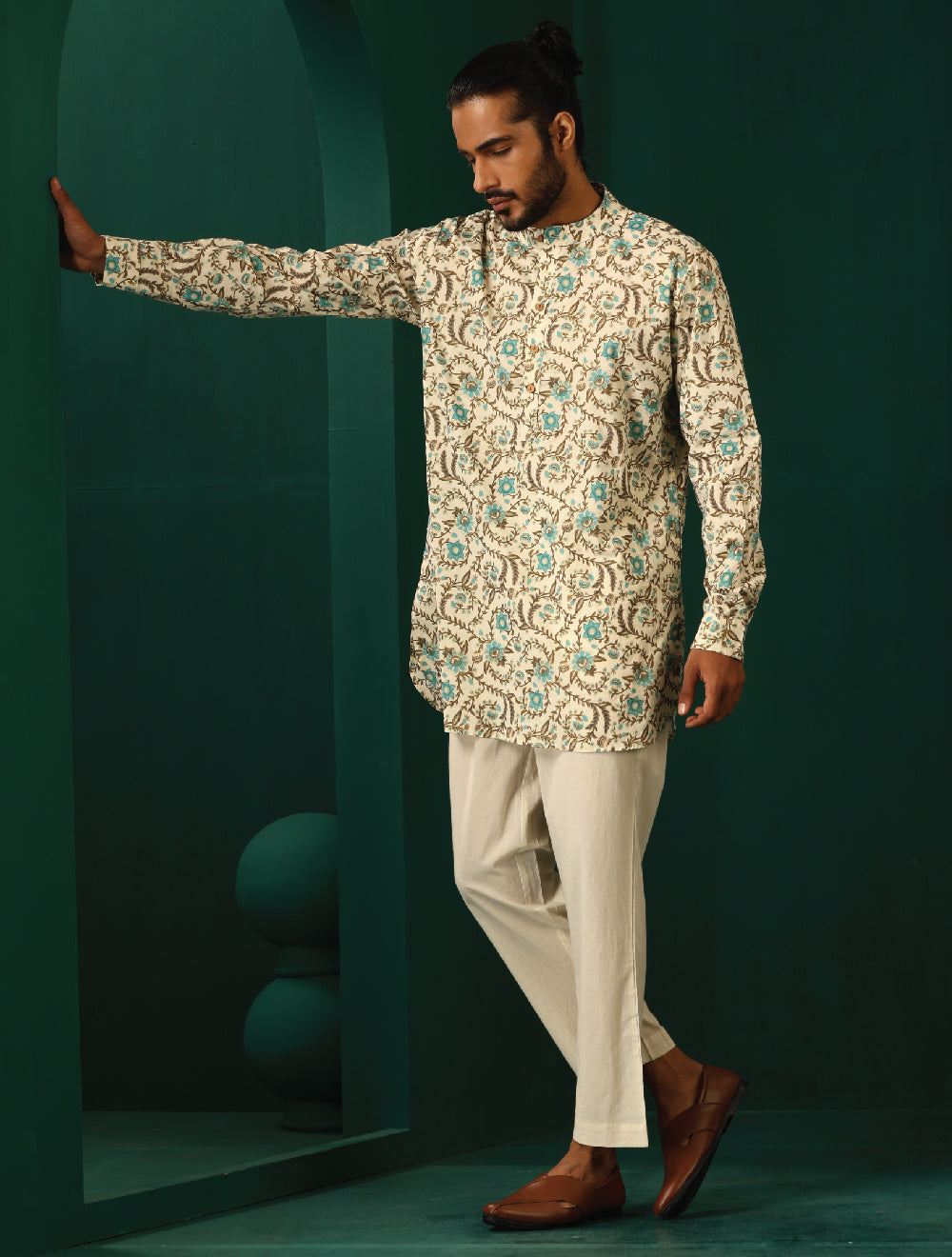 trueBrowns Men's Teal Floral Cotton Printed Co-ord Set | Grocsy