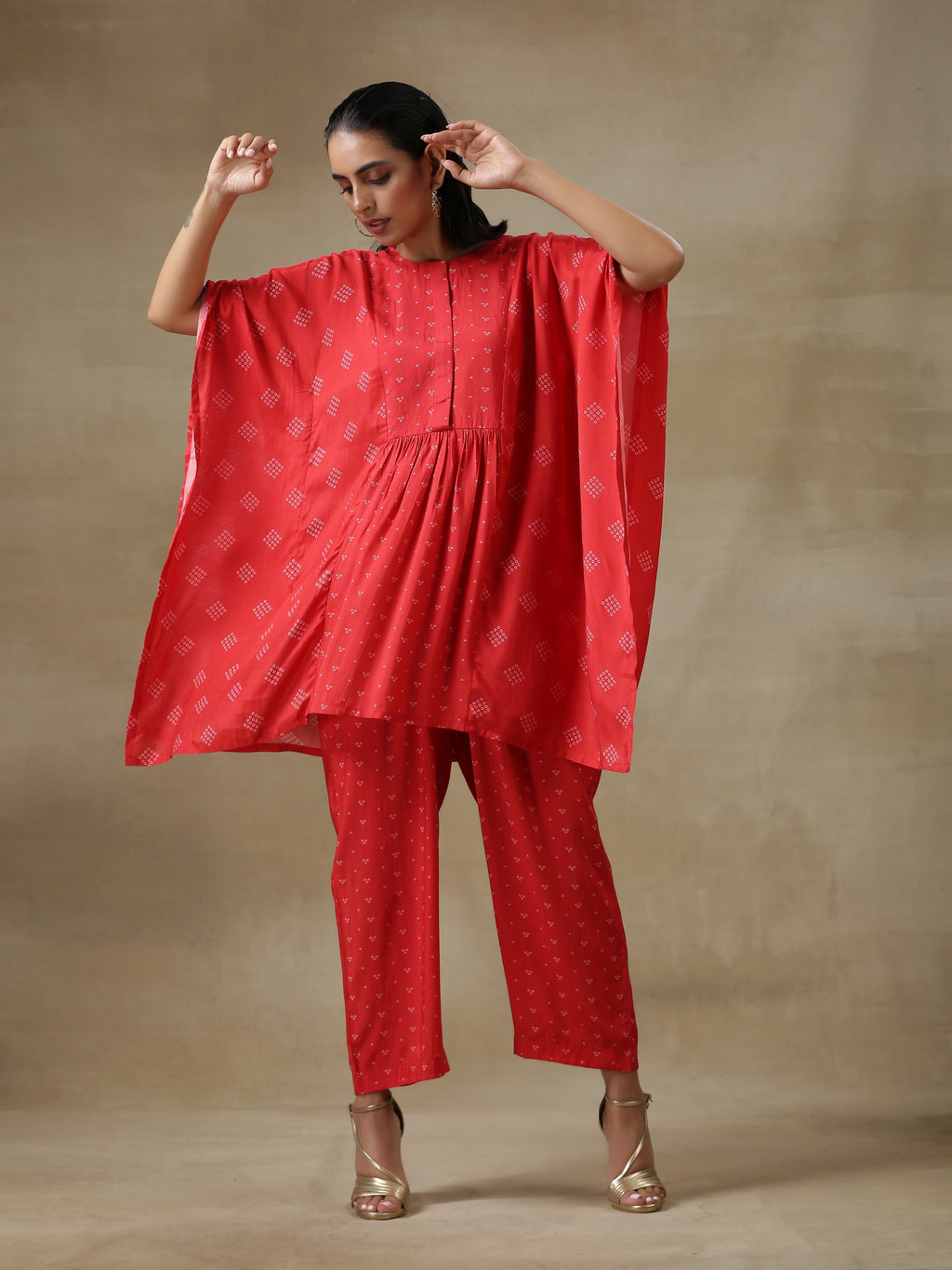 trueBrowns Red Bandhani Printed Silk Kaftan Gathered Co-Ord Set | Grocsy