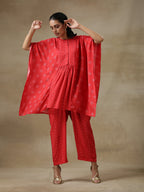 trueBrowns Red Bandhani Printed Silk Kaftan Gathered Co-Ord Set | Grocsy