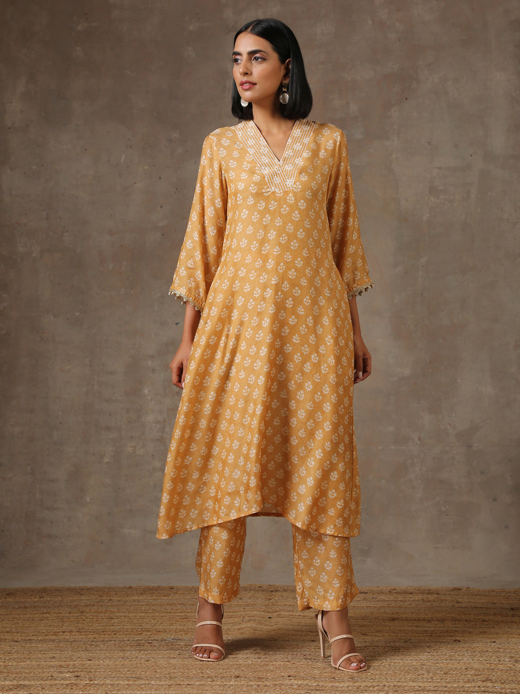 trueBrowns Beige White Flared Printed Silk Kurta Pant Set | Grocsy