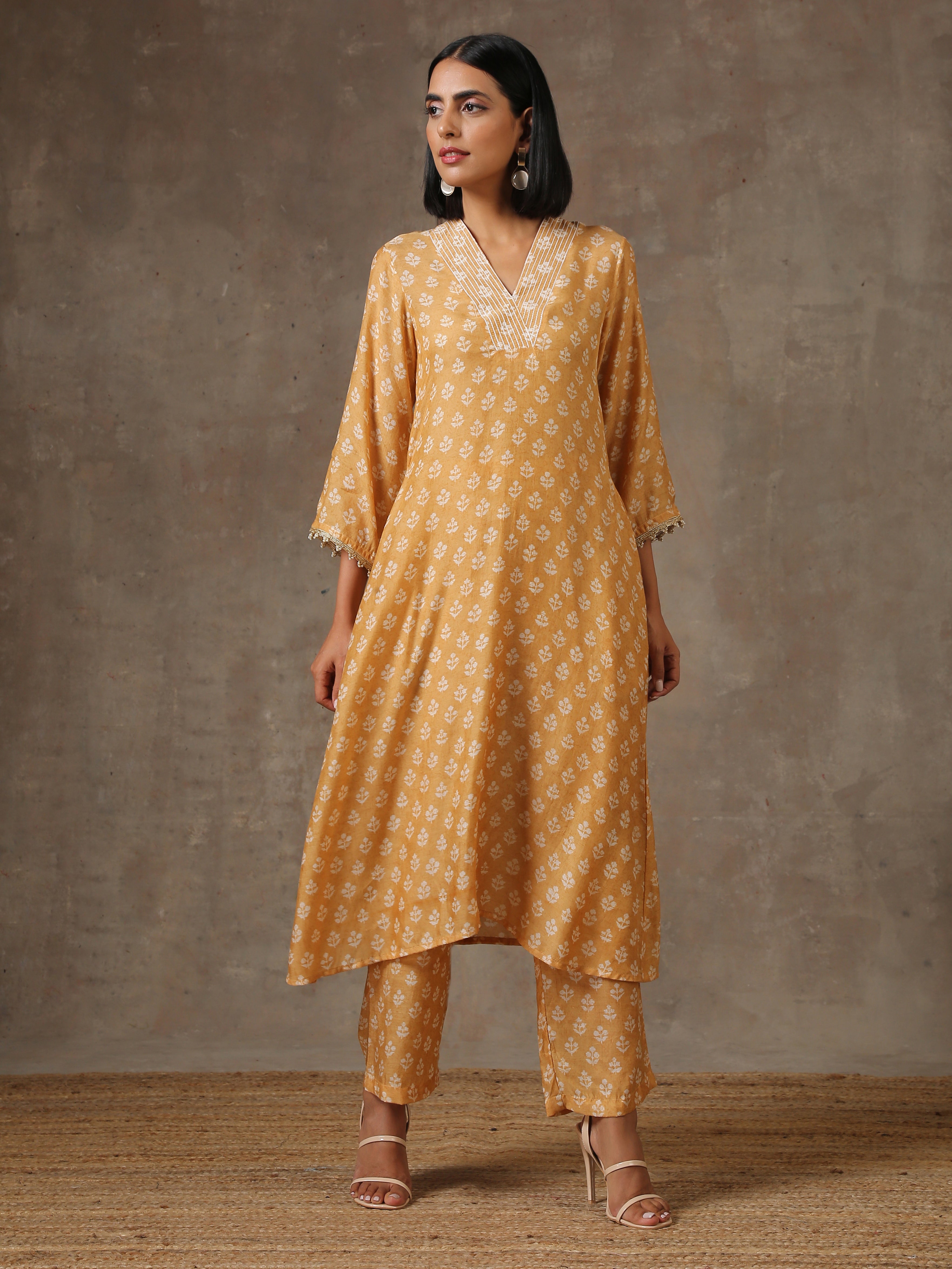 trueBrowns Beige White Flared Printed Silk Kurta Pant Set | Grocsy