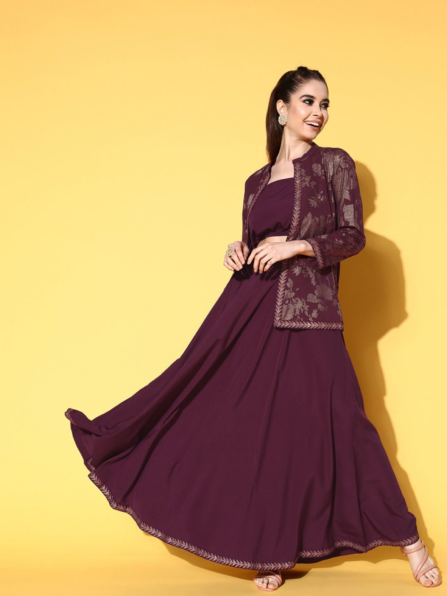 Ahalyaa Women Burgundy Top With Skirt & With Jacket | Grocsy