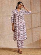 trueBrowns White With Pink Blue Floral Block Print Cotton Flared Slit Kurta Pant Set | Grocsy