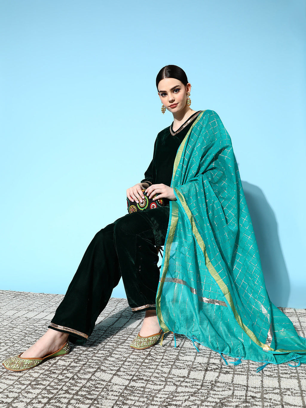 InWeave Women's Green Velvet Kurta Set With Teal Gold Check Dupatta | Grocsy