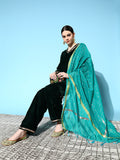 InWeave Women's Green Velvet Kurta Set With Teal Gold Check Dupatta | Grocsy
