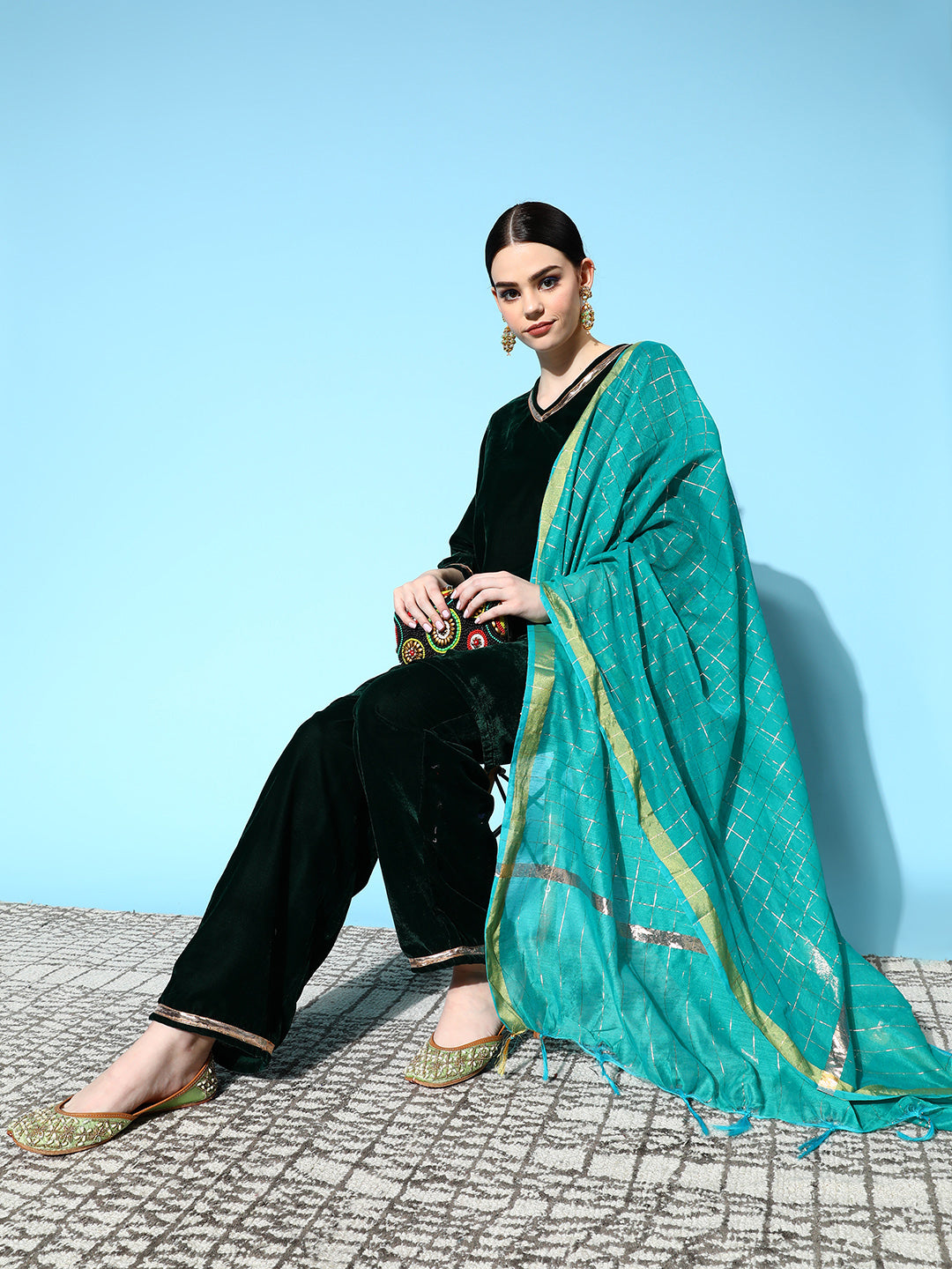 InWeave Women's Green Velvet Kurta Set With Teal Gold Check Dupatta | Grocsy