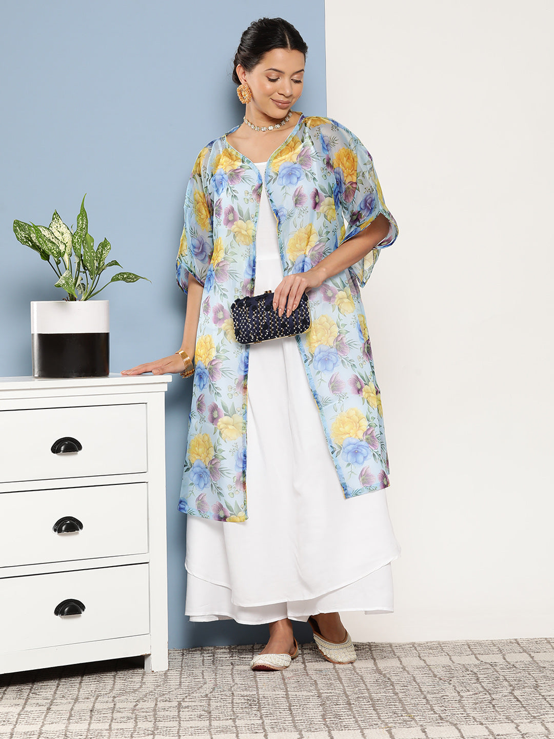 InWeave Women's Cream Strappy With Blue Floral Print Cape | Grocsy