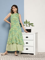 InWeave Women's Green Pastel Print Halter Kurta Set | Grocsy