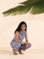 trueBrowns Blue Cotton Ikat Sleeveless Co-ord Set | Grocsy
