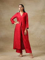 trueBrowns Maroon Textured Silk Front Slit Kurta Pant Set | Grocsy