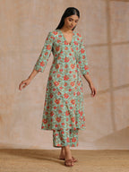 trueBrowns Seafoam Green Overall Floral Block Print Cotton Angrakha Pant Set | Grocsy