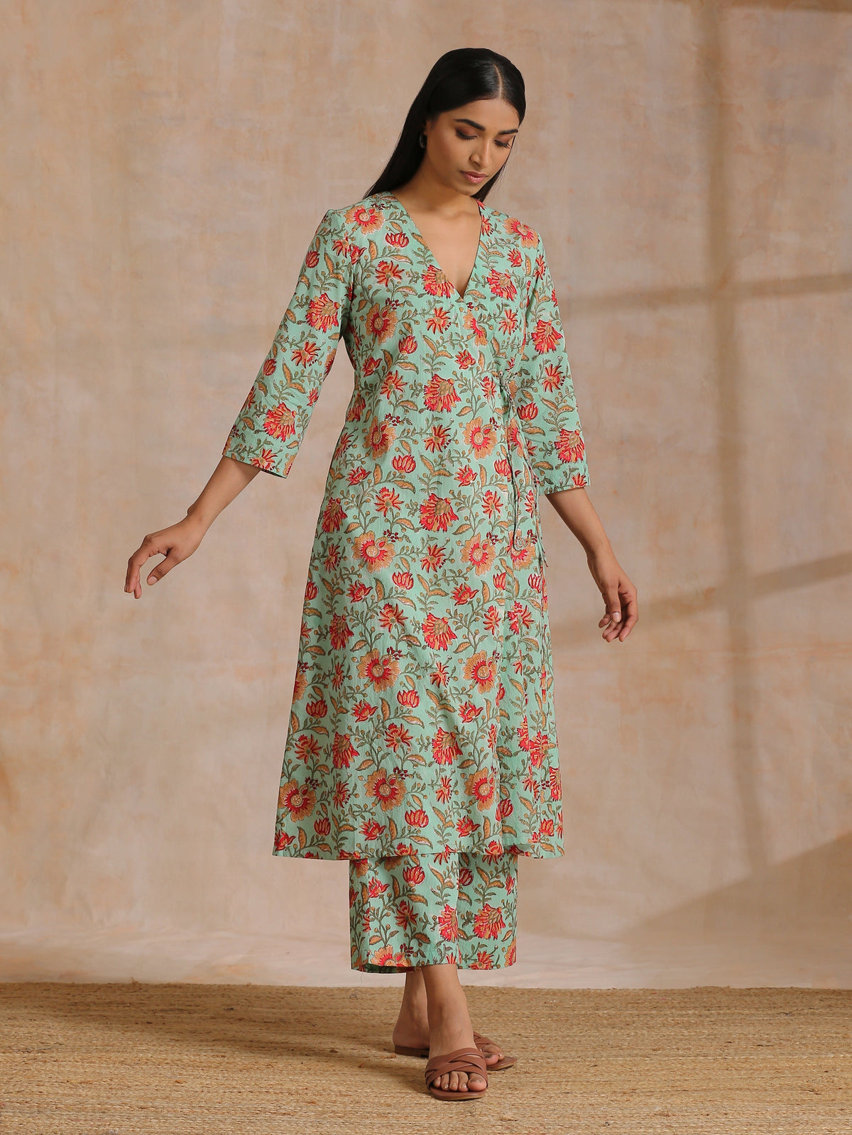 trueBrowns Seafoam Green Overall Floral Block Print Cotton Angrakha Pant Set | Grocsy