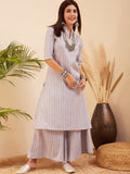 InWeave Women's Light Grey Lurex Kantha Mandarin Neck Kurta Palazzo Set | Grocsy