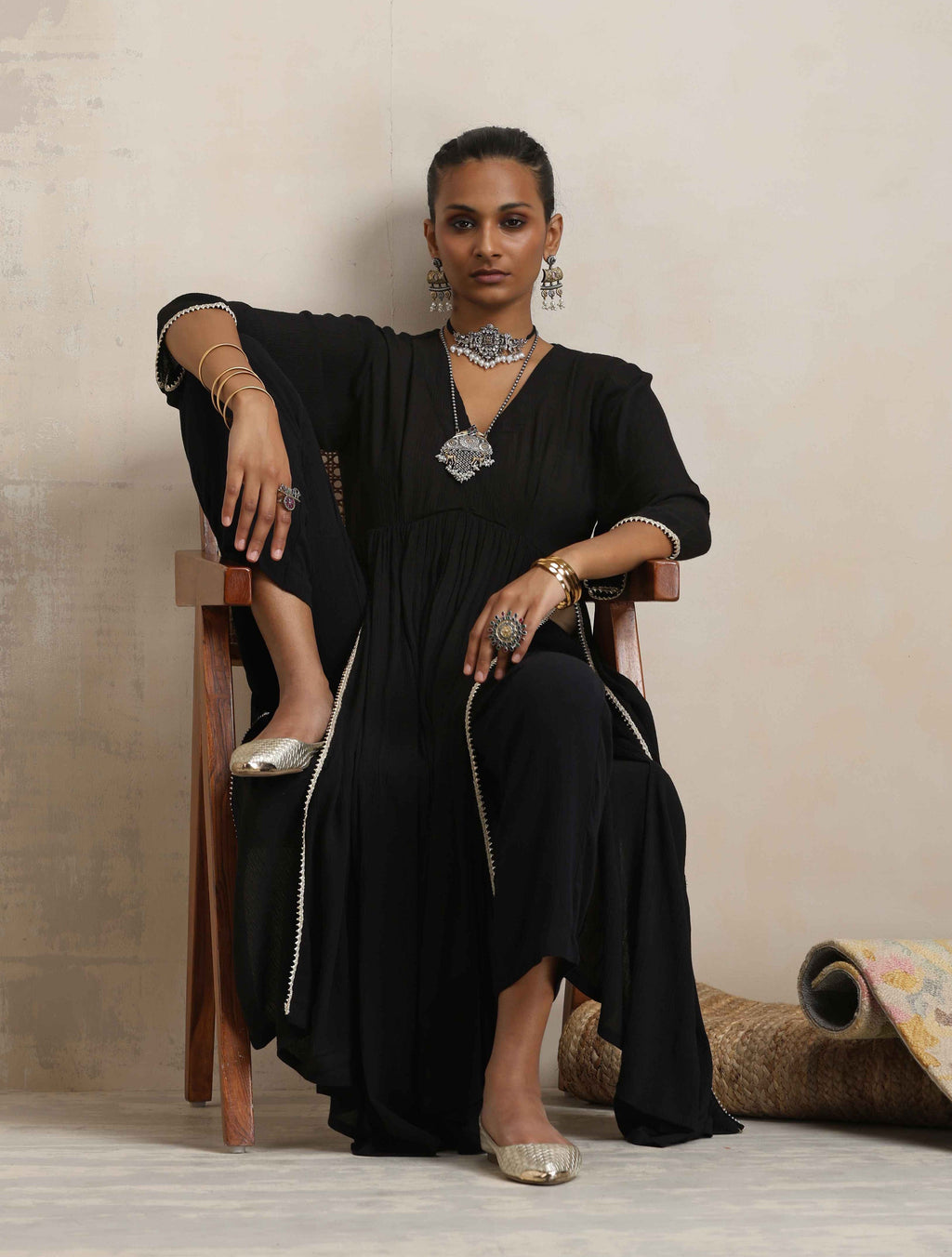 trueBrowns Black Crinkle Anarkali Flared Kurta Set | Grocsy