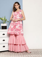 InWeave Women's Pink Printed Chintz Tiered Sharara Set | Grocsy
