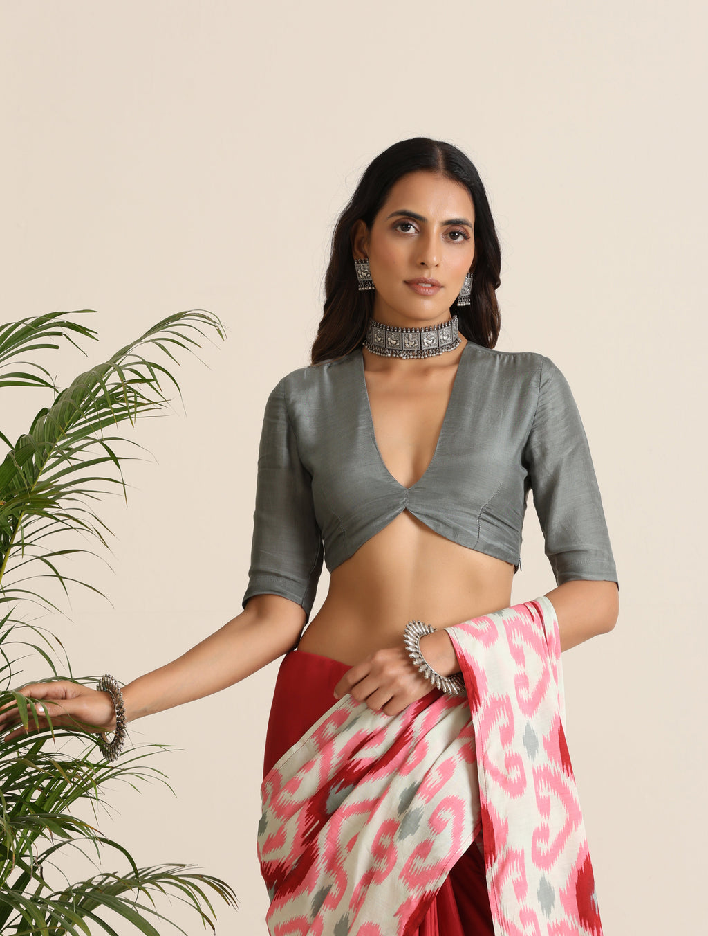 trueBrowns Grey Muslin Solid Deep V-Neck Blouse | Grocsy