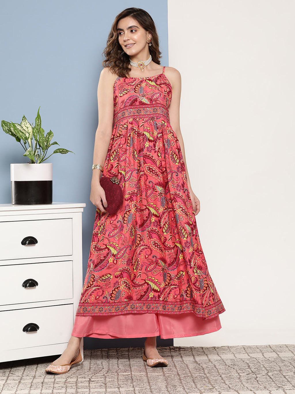 InWeave Women's Camelia Pastel Peach Print Strappy Kurta Set | Grocsy