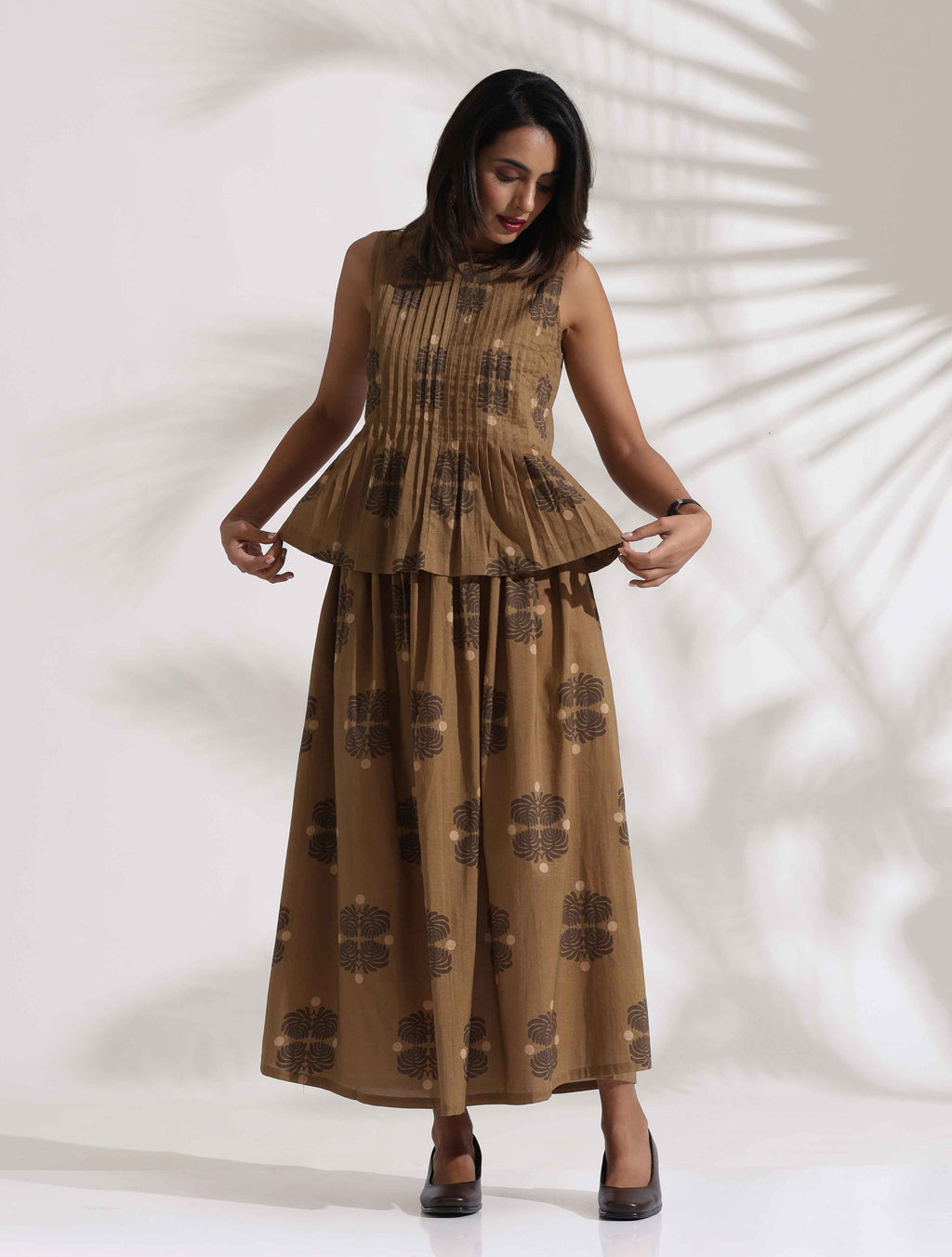 trueBrowns Beige Cotton Skirt Co-ord Set | Grocsy
