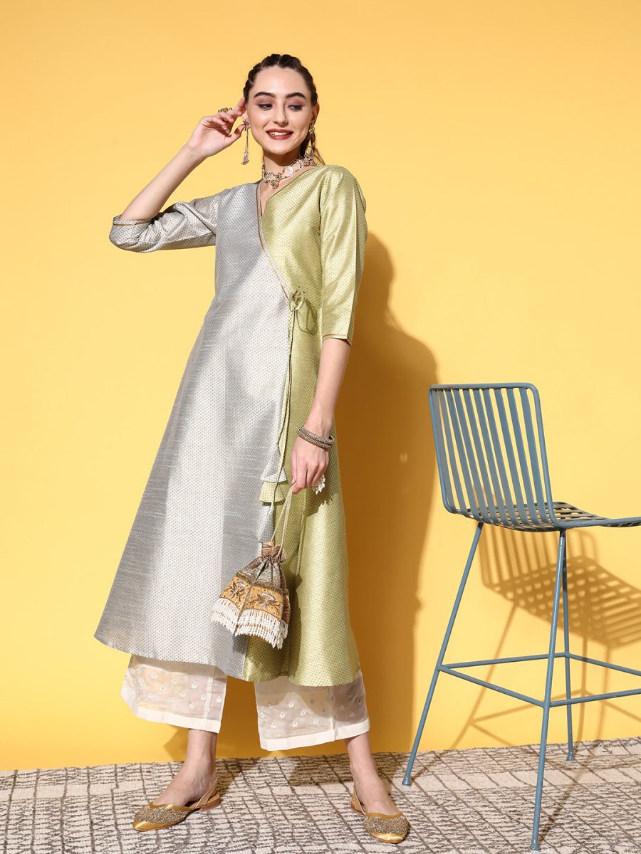 Ahalyaa Women Green Art Silk Fluid Tie-Up Kurta | Grocsy