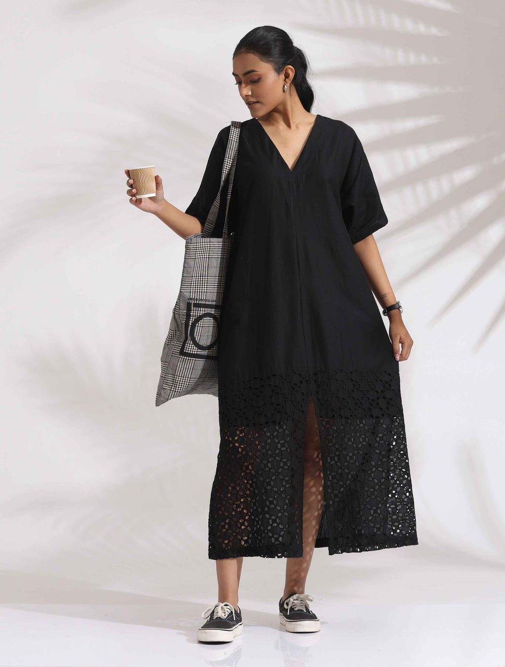 trueBrowns Black Cotton Schiffli Slit Dress | Grocsy