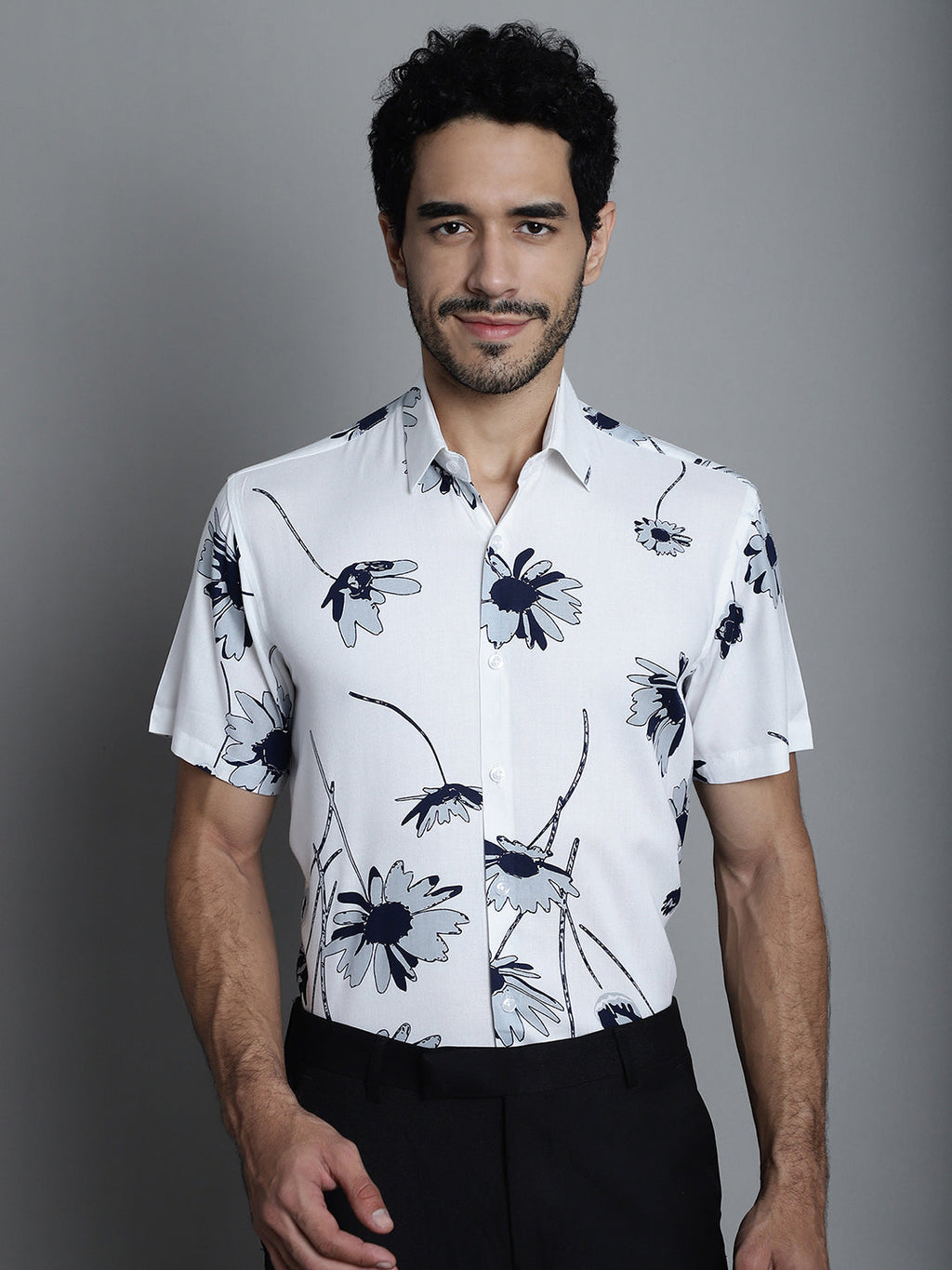 Jainish Men's Floral Printed Formal Shirts - White | Grocsy