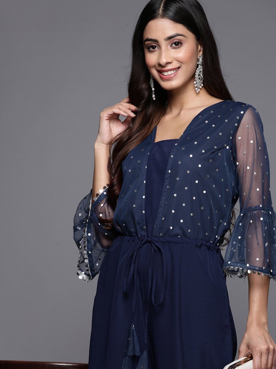 Ahalyaa Printed Bell Sleeves Crepe Basic Jumpsuit With Waist Tie-Ups | Grocsy