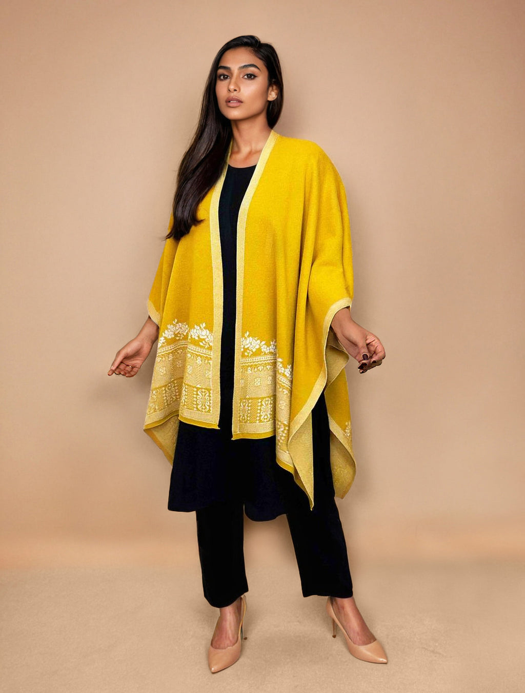 trueBrowns Yellow Woollen Kaftan Cape | Grocsy