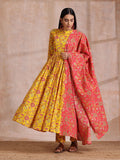 trueBrowns Sunshine Yellow Overall Floral Block Print Cotton Kurta Pant Dupatta Set | Grocsy