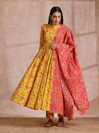 trueBrowns Sunshine Yellow Overall Floral Block Print Cotton Kurta Pant Dupatta Set | Grocsy