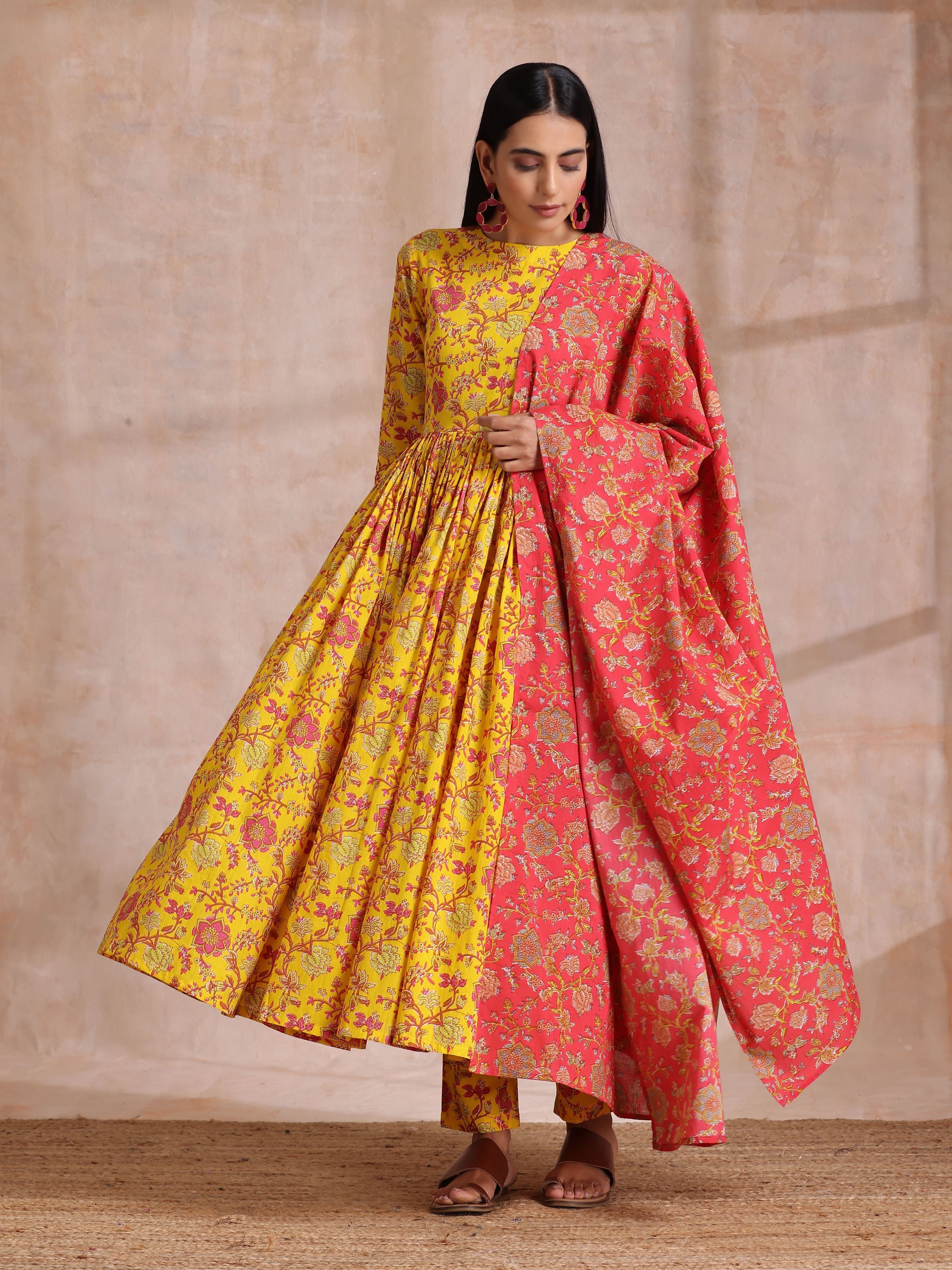trueBrowns Sunshine Yellow Overall Floral Block Print Cotton Kurta Pant Dupatta Set | Grocsy