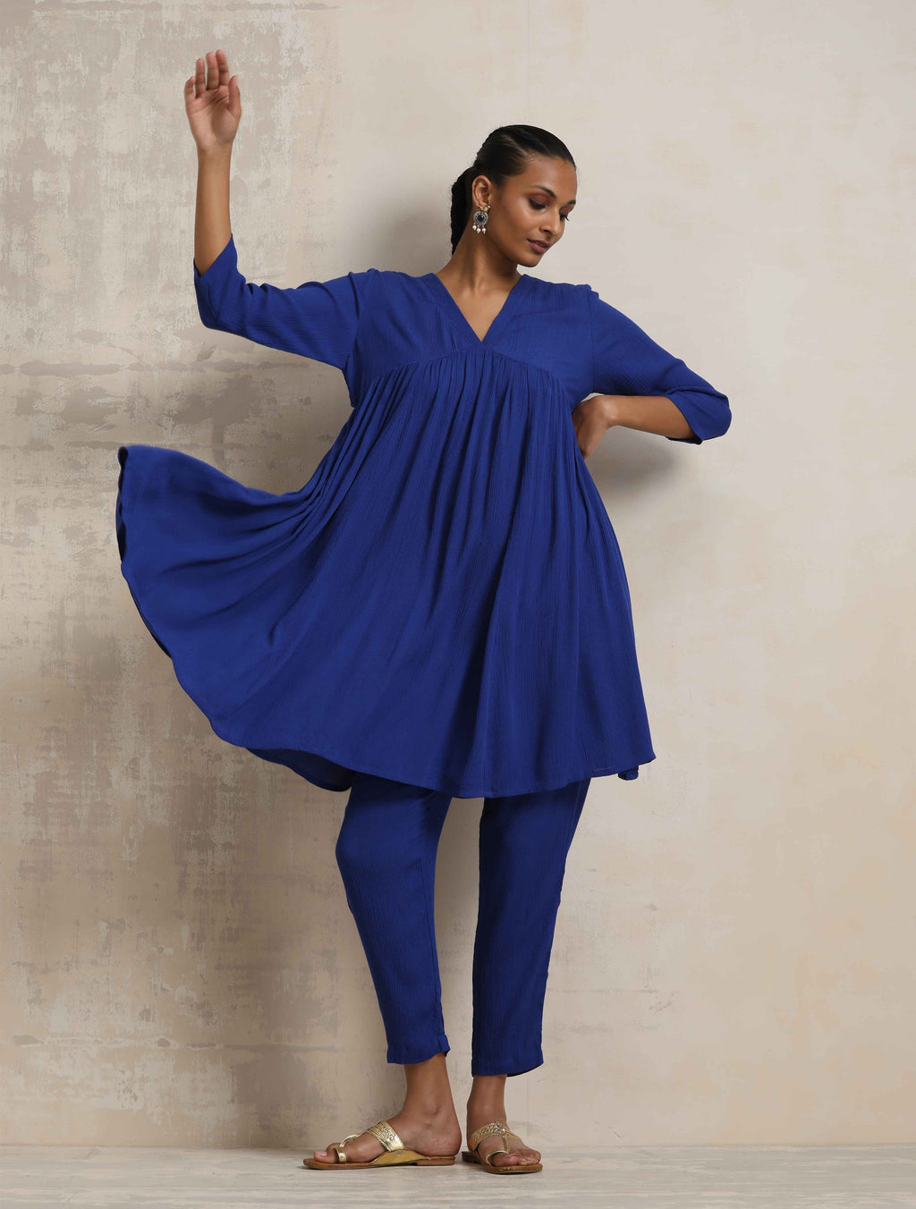 trueBrowns Blue Crinkle Flared Kurta Co-ord Set | Grocsy