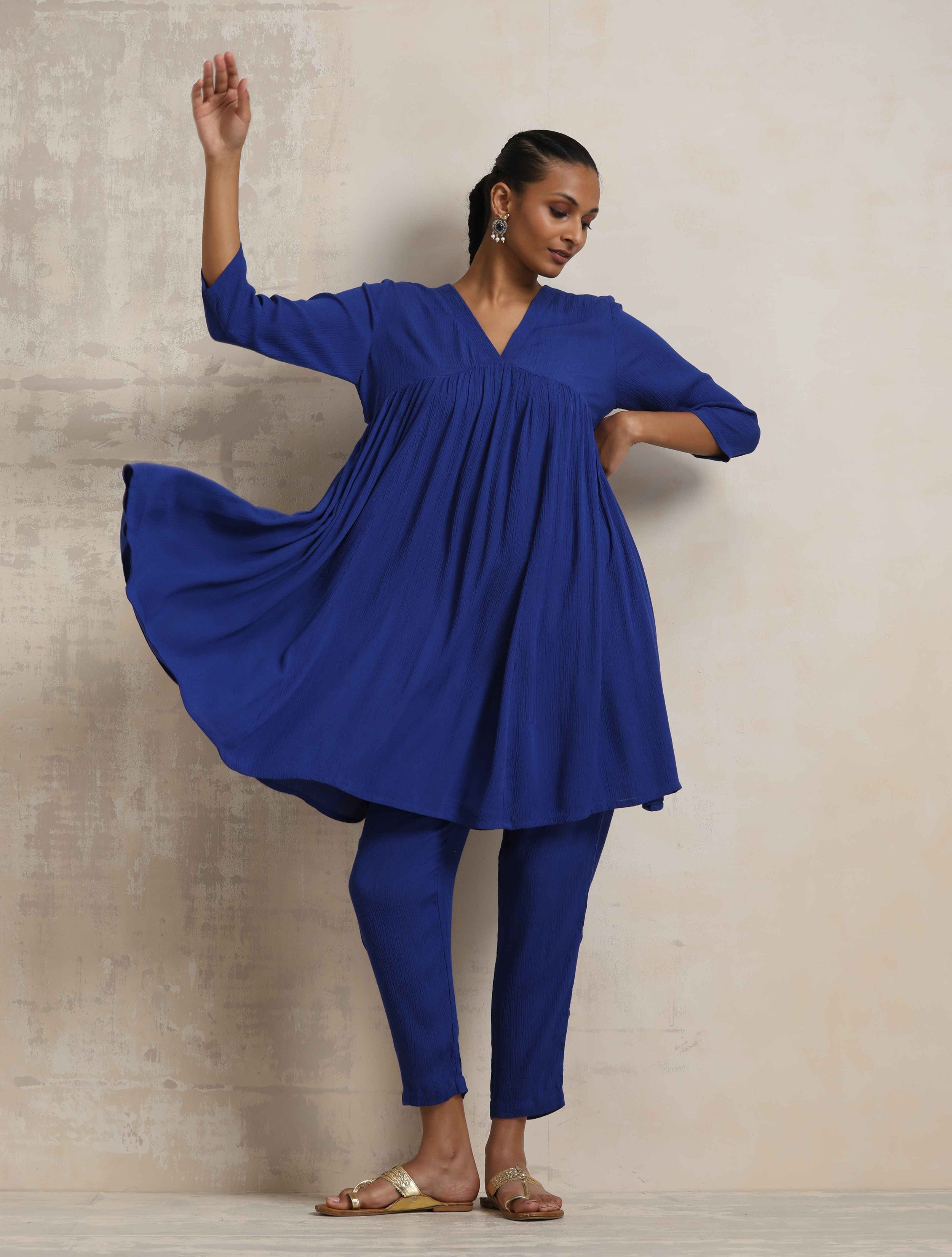 trueBrowns Blue Crinkle Flared Kurta Co-ord Set | Grocsy